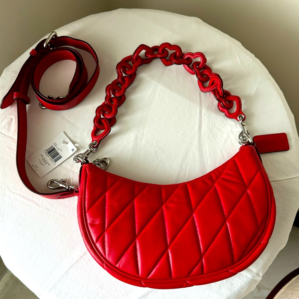 Coach Mira Shoulder Bag with Pillow Quilting and Heart Strap in Red